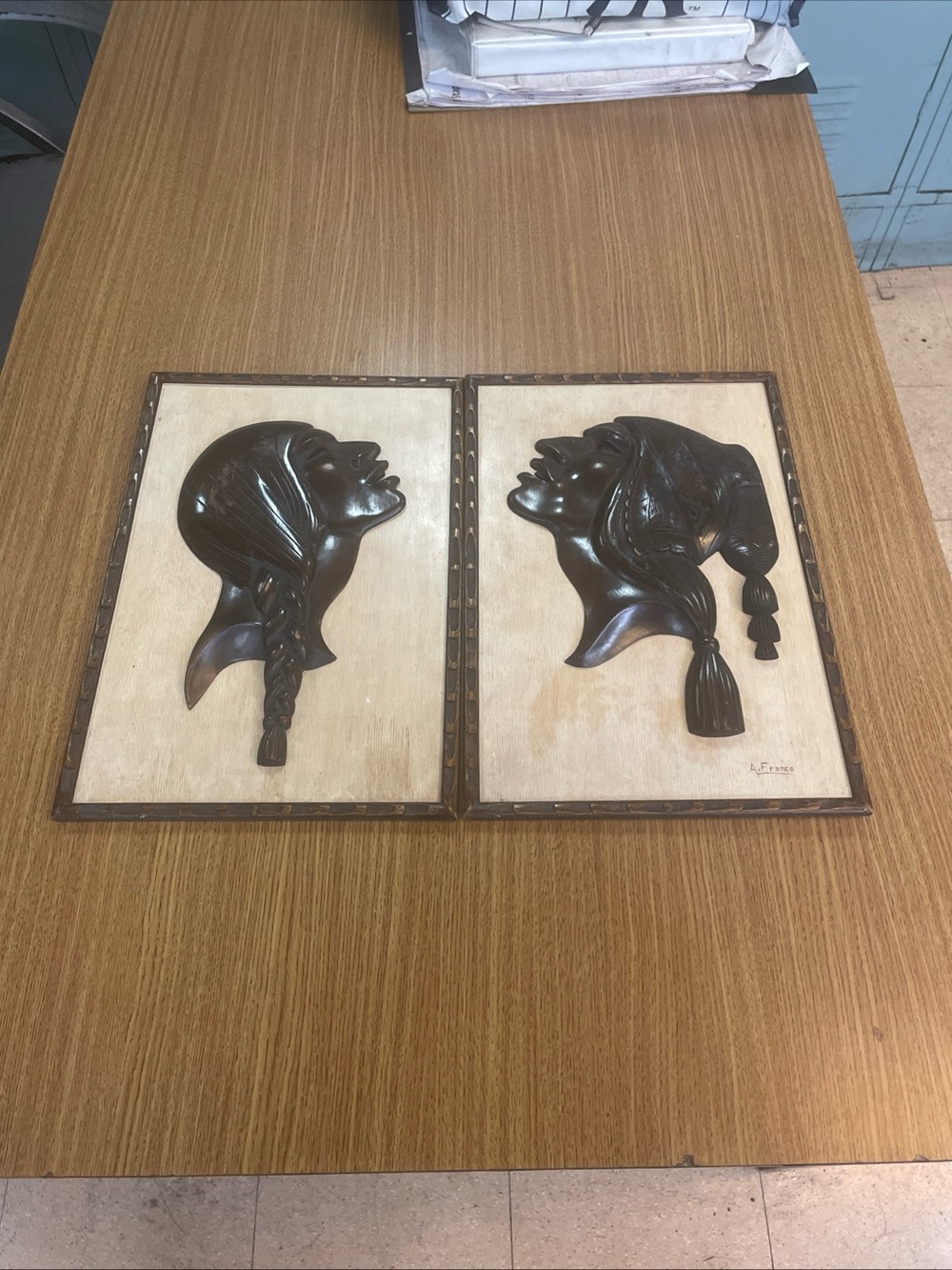 Pair of Vintage Carved Wood Profile Wall Plaques - Dark Brown